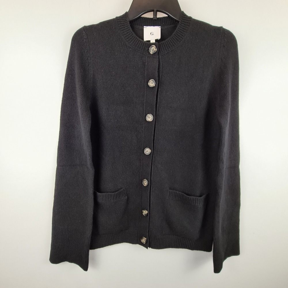 G. Label by Goop Black 100% Virgin Wool Cardigan Sweater S Italy *Missing Belt*